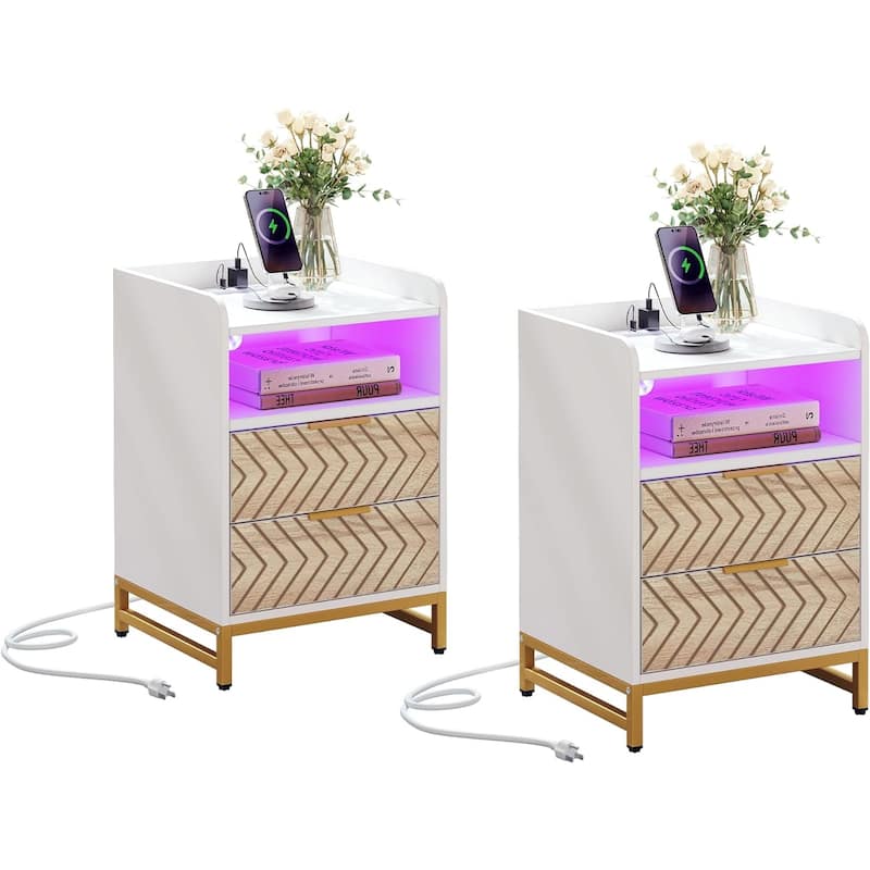 Moasis Modern LED Nightstand Set of 2 with Drawer and Storage Shelf, Bedside Table with Charging Station
