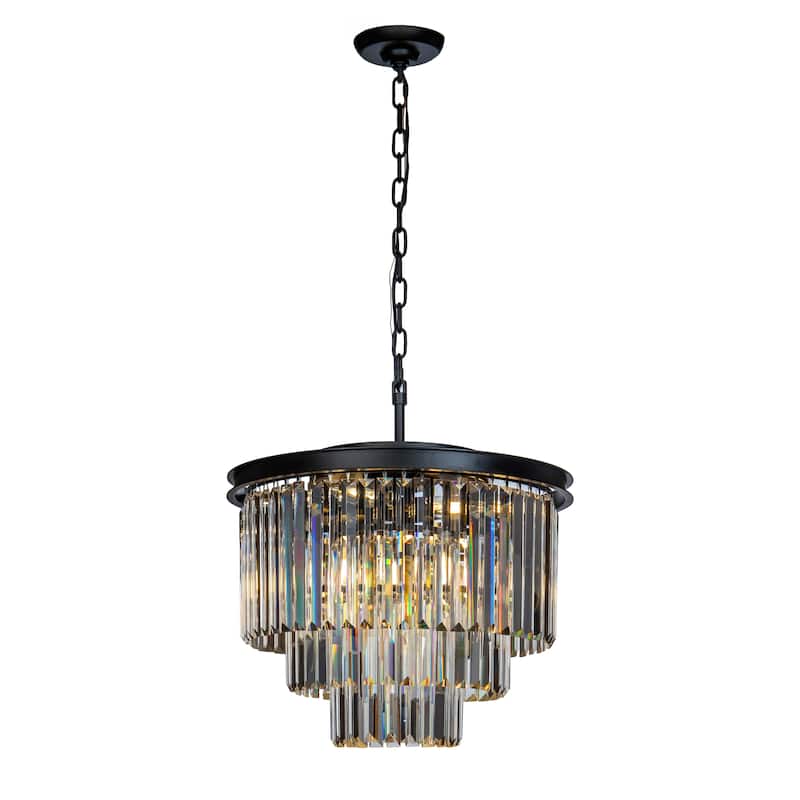 6-Lights Modern 3-Tier Round Fringe Crystal Chandelier - W 20" - Black