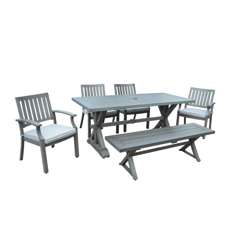 Lombok Outdoor Modern 6 Seater Aluminum Dining Set with Dining Bench by Christopher Knight Home - Dark Gray+Silver Cushion