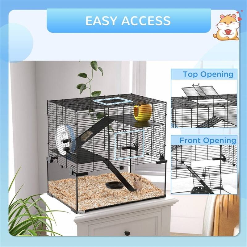 Black-Transparent Hamster Cage with Steel Frame, Glass Base and Accessories - 23.5" L x 15.75" W x 21.5" H