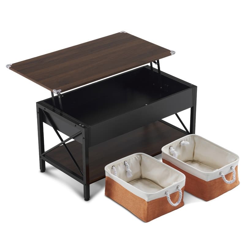 VINGLI Rectangular Nordic Walnut P2 Board with Side X-shaped Metal Frame, Adjustable Height, 2 Storage Bags, Coffee Table