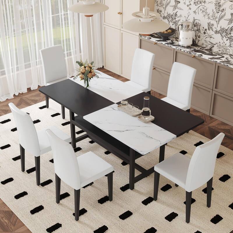 71" Two-Tone Rectangular Dining Table Set with Lower Storage Shelf, Modern Kitchen Dining Table & Chairs Set for Family