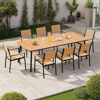 9-Piece Rectangular Patio Outdoor Dining Table Set with Umbrella Hole and Stackable Armchairs