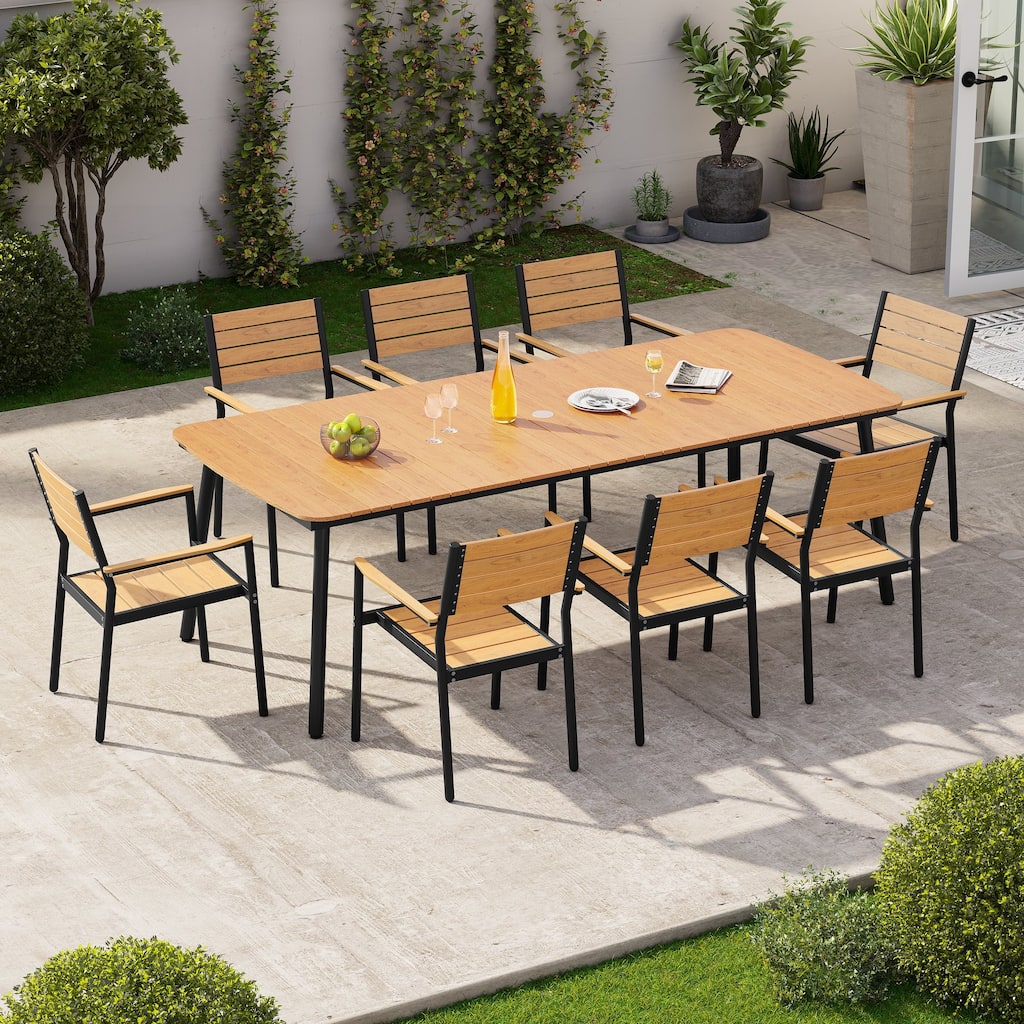 9-Piece Outdoor Rectangular Dining Table Set with Umbrella Hole and Stackable Armchairs