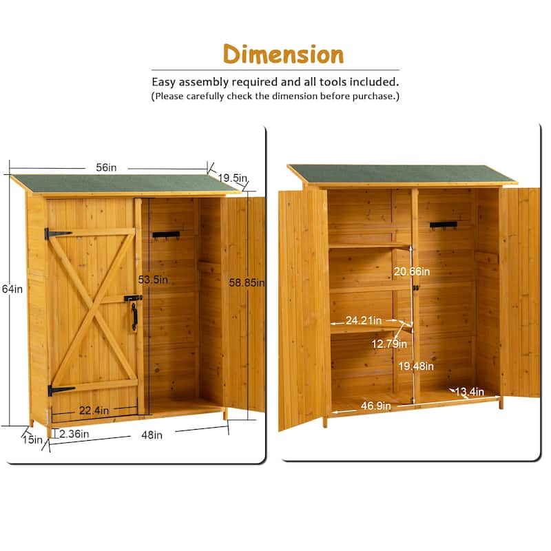56"L x 19.5"W x 64"H Outdoor Storage Shed with Lockable Door Wooden Tool Storage Shed with Detachable Shelves and Pitch Roof