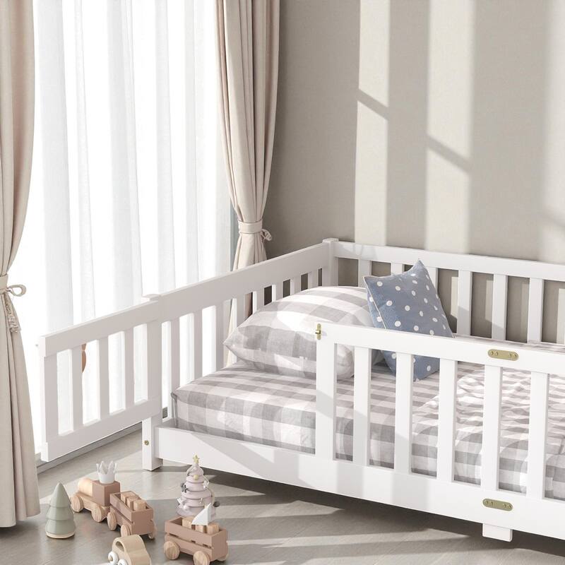 Twin Size Rubber Wood Floor Bed with Fence and Door, Montessori Platform Bed with Safety Guardrails for Kids