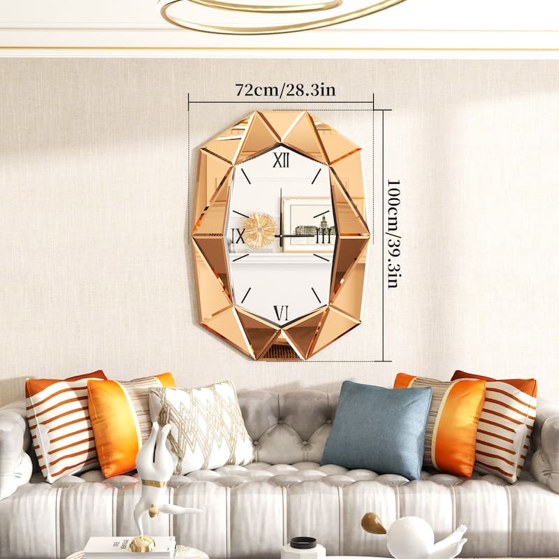 Mirrored Wall Clock Decorative Vanity Mirror Beveled Frame Edge - 29"x40"