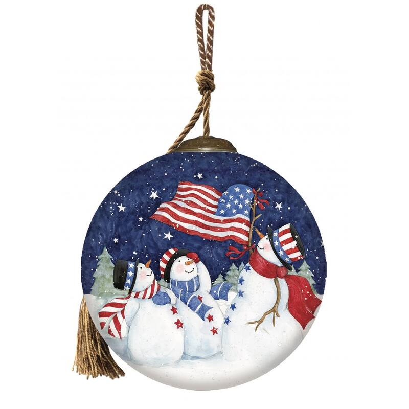 Three Snowman and an American Flag Hand Painted Mouth Blown Glass Ornament - 3"x 3" x 3"