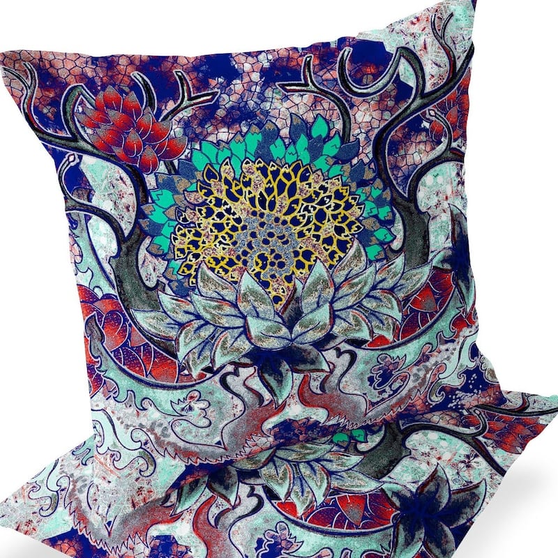 HomeRoots Set of Two 16" X 16" Blue and Green Blown Seam Floral Indoor Outdoor Throw Pillow - 16.00' X '16.00' X '5.00
