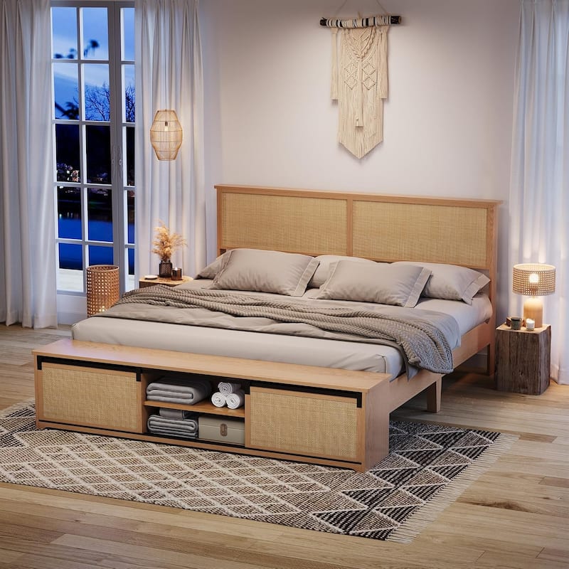 Natural Rattan Full Size Bed Frame with Sliding Barn Door Storage Cabinets