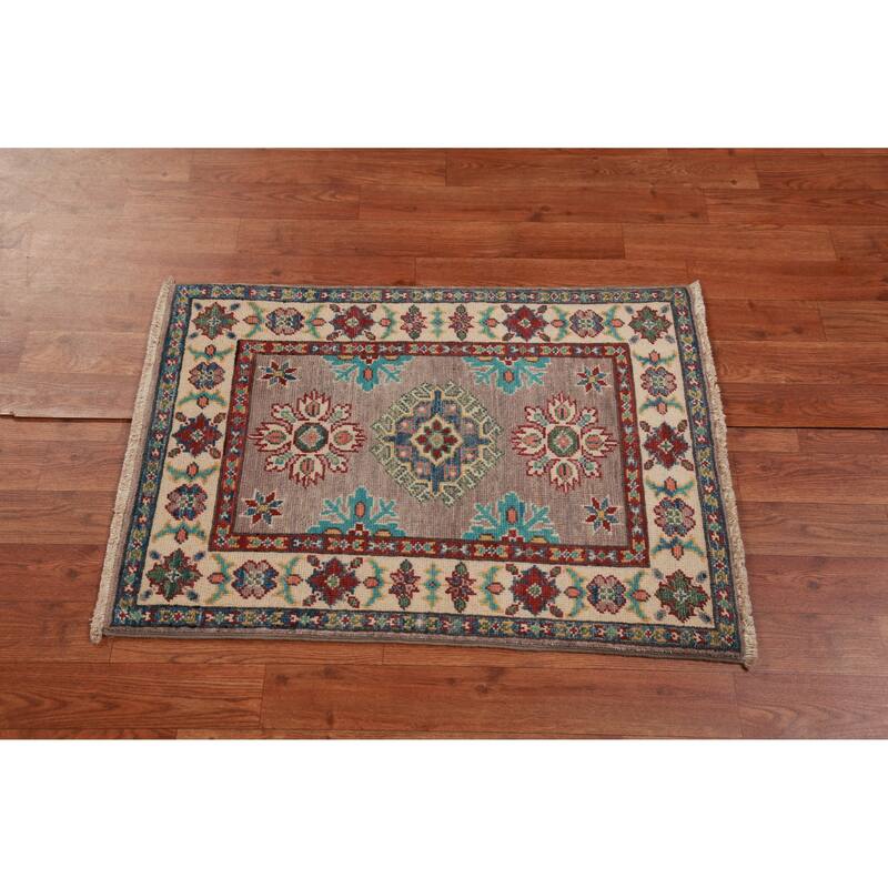 Geometric Kazak Oriental Accent Rug Hand-Knotted Grey Wool Carpet - 2'0"x 3'0"