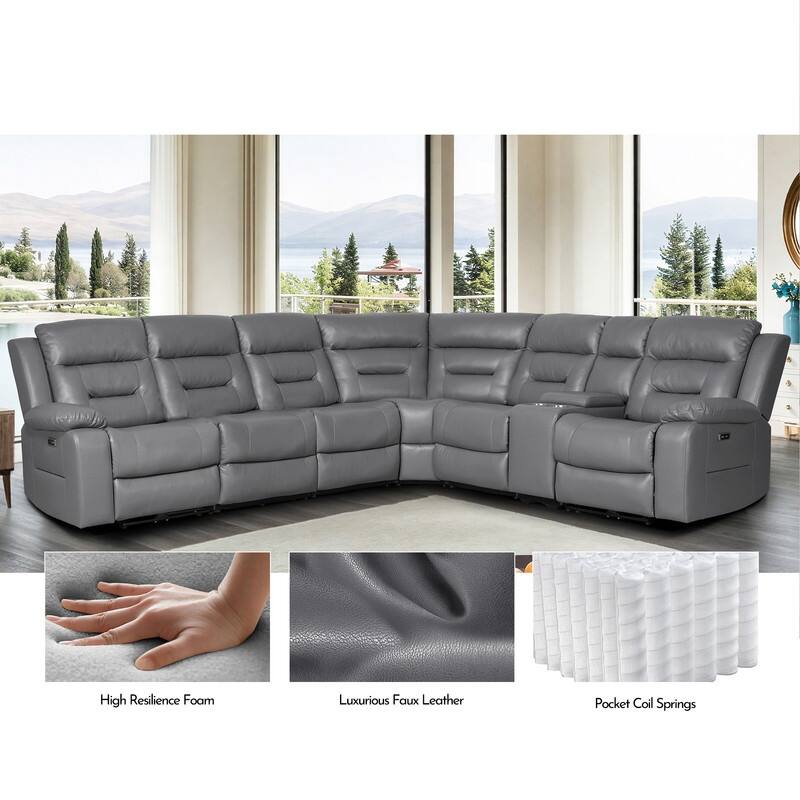 119'' Faux Leather Power Recliner 6-Seat Large Sectional Reclining Sofa with USB Port