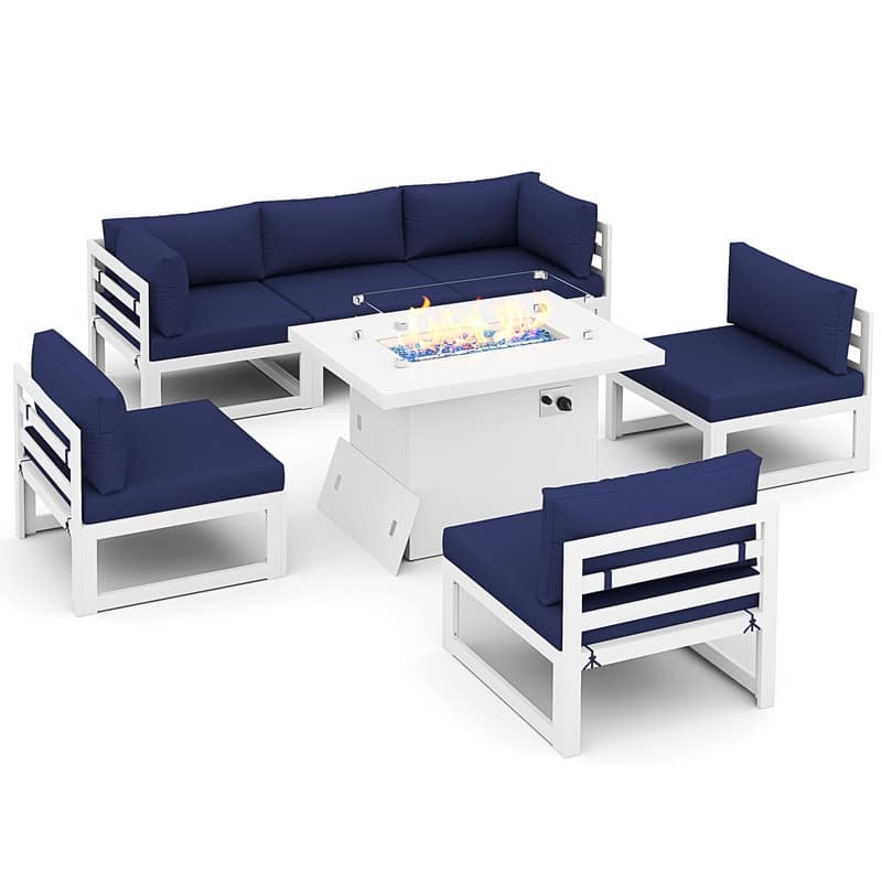 FINCATI 7 Piece Aluminum Outdoor Furniture Set with Propane/Natural Gas Fire Pit Table, 29" Wide Outdoor Sectional Sofa for 6