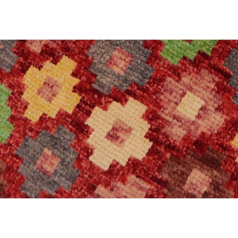 Contemporary Balochi Wise Red/Blue Hand Knotted Wool Rug - 3'3'' x 4'10''