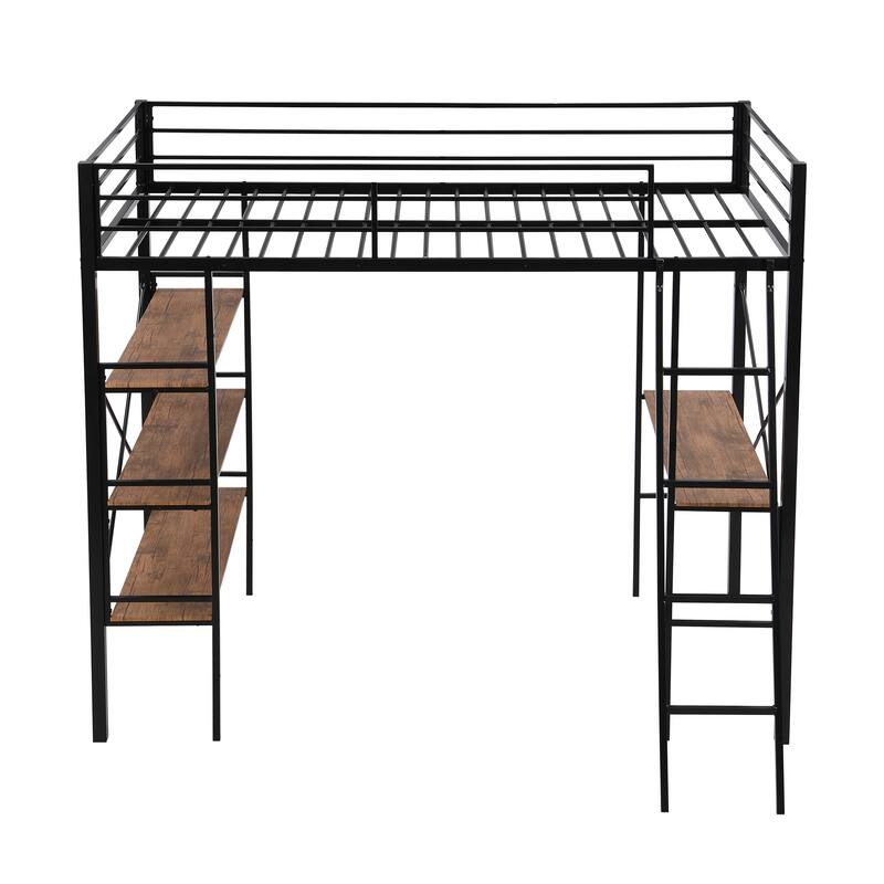 Roomfitters Twin Metal Loft Bed with Integrated Desk, Wall Shelf and Elevated Frame Design, Black