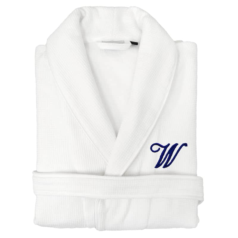 Authentic Hotel and Spa Unisex Navy Blue Monogrammed Turkish Cotton Waffle Weave Terry Bath Robe - W - S/M
