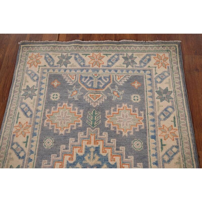 Geometric Kazak Accent Rug Hand-Knotted Grey Wool Carpet - 2'7" x 4'2"