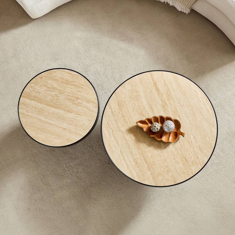 Nesting Round Coffee Table Set with Sintered Stone Tabletop, Modern Living Room Center Table
