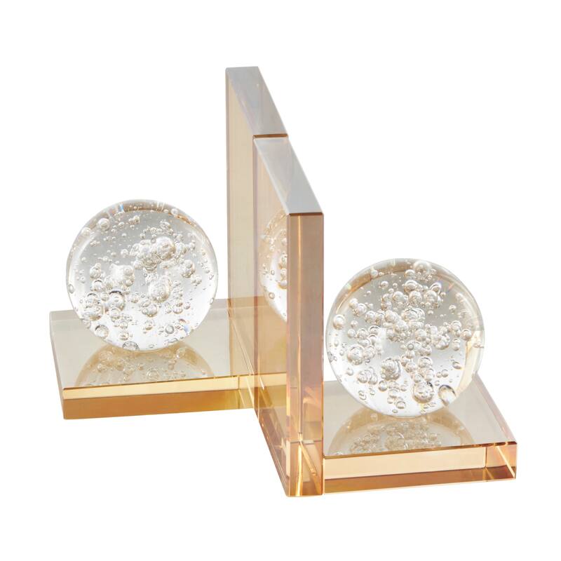 Glass Geometric Bookends with Clear Orbs and Bubble Texturing - Set of 2 Gold - Roche River Decor - 5"W x 4"L x 6"H