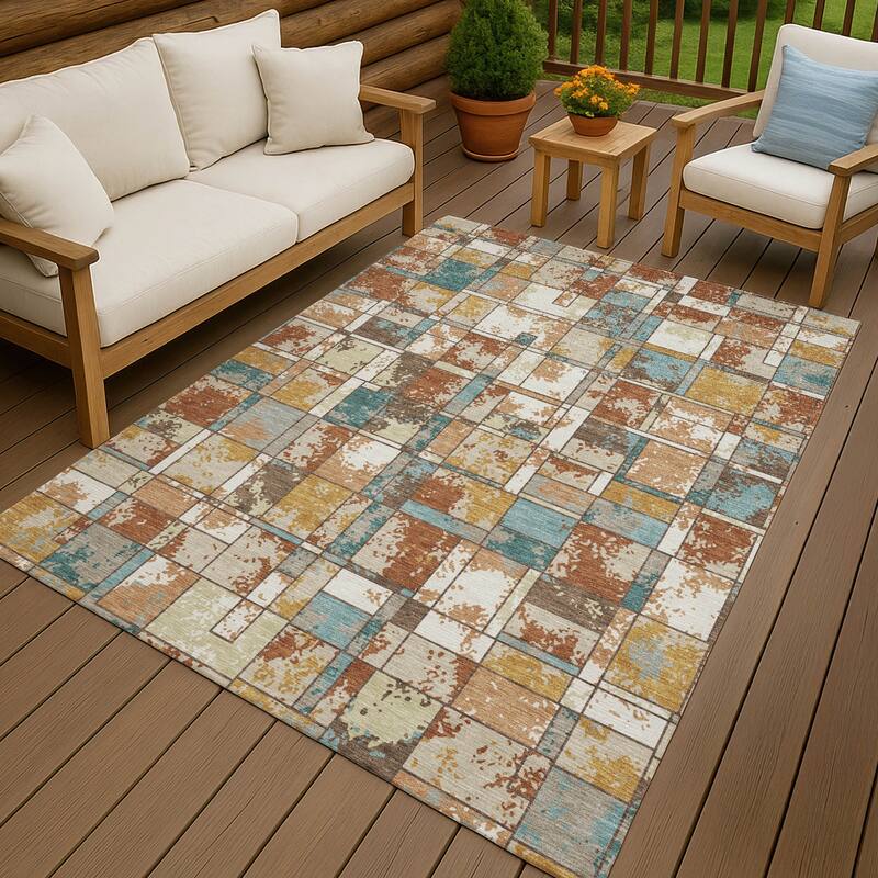 Machine Washable Indoor/ Outdoor Patchwork Chantille Rug - Paprika - 5' x 7'6"