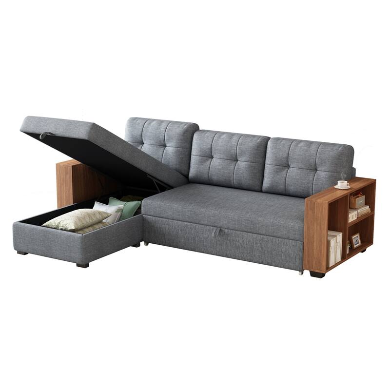 Upholstered Pull Out Sectional Sofa with Storage Chaise