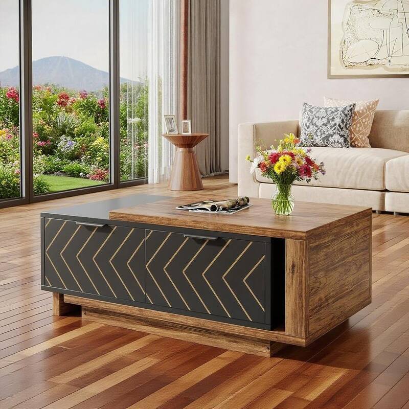 Wood Coffee Table with Expandable Top and 2 Drawers - 42.13 L x 23.62 W x 16.54 H inches
