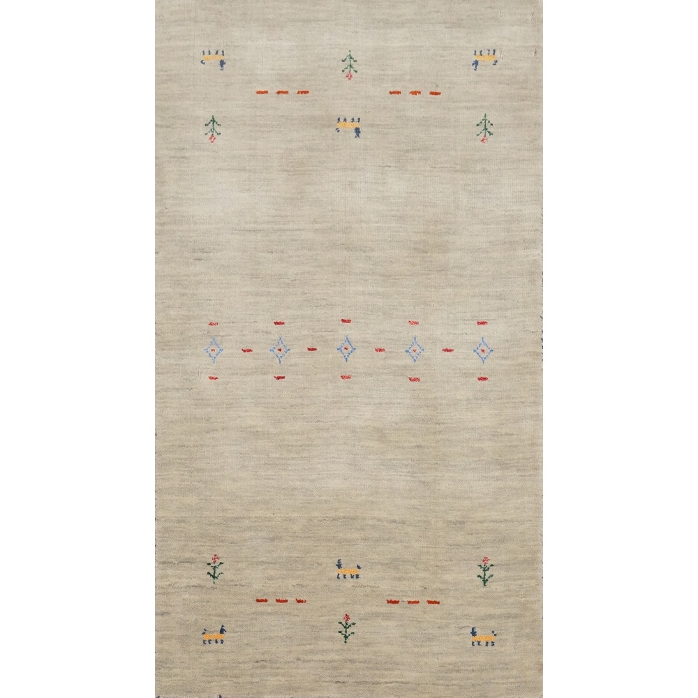 Hand Knotted Oriental 100% Wool Carpet Tribal Animal Pictorial Beige & Ivories Gabbeh Runner Rug - 4' 6'' X 2' 5''