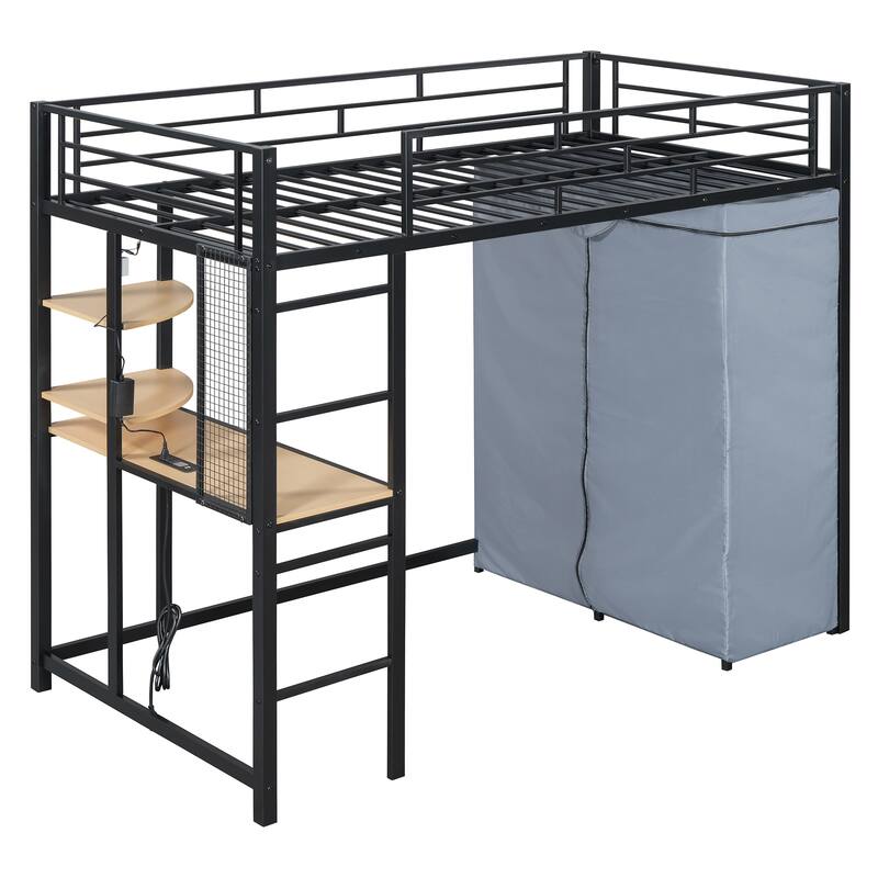 Space-Saving Loft Bed with Desk, Wardrobe, Power Outlet, and LED Light, Black