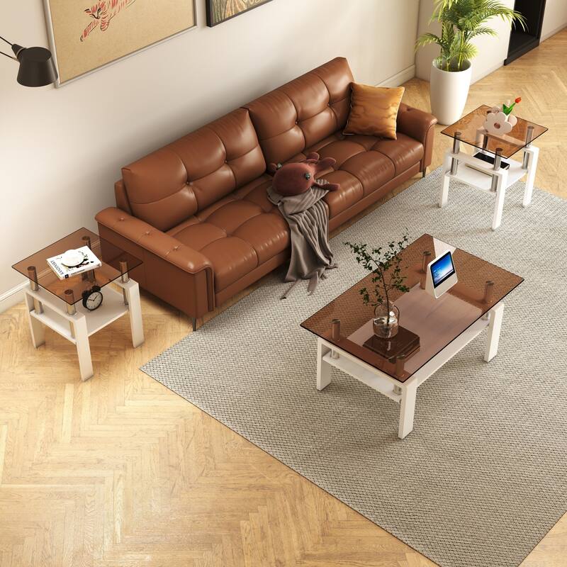 Set of 2 Modern Tempered Glass Tea Table ,Tempered Glass Tabletop with MDF Layer,Coffee Table
