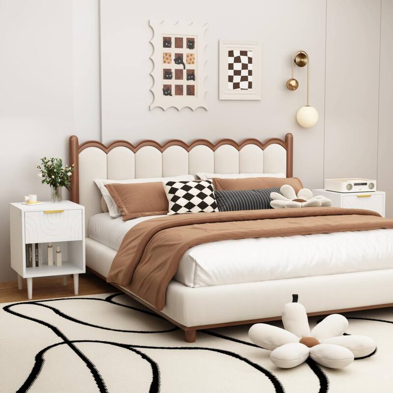 Modern White Nightstand with Gold Handle, 1 Drawer & Open Shelf