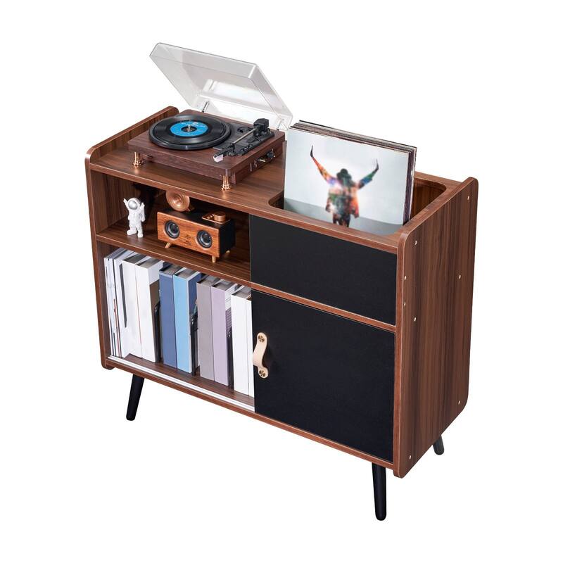 Turntable Stand with Storage, Holds 350 Records, Built-in Power Outlet - 34.25 x 14.37 x 30.51 inch