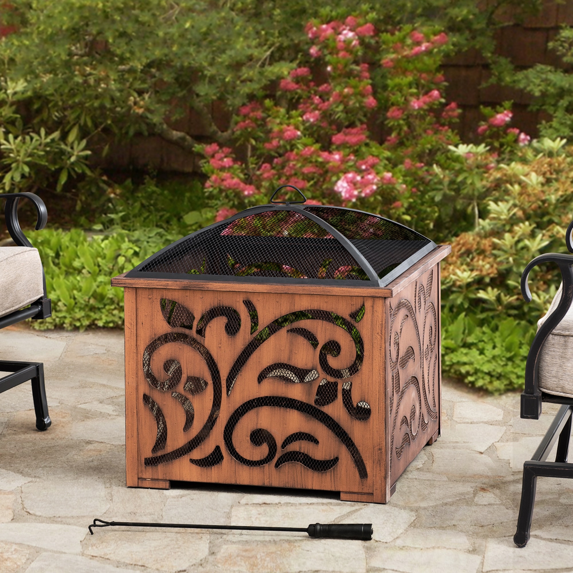 Sunjoy Outdoor 26 in. Copper Steel Wood-Burning Fire Pit for Outside with Steel Mesh Screen and Fire Poker