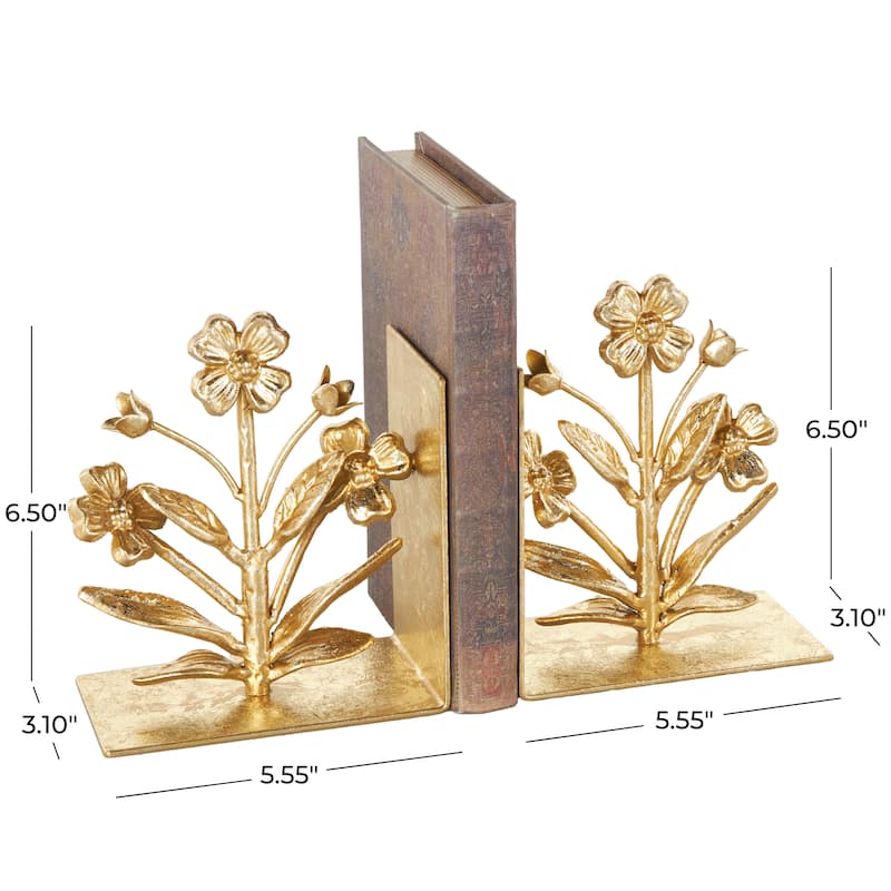 Metal Floral Decorative Bookends with Shimmer Details - Set of 2 Gold - Roche River Decor - 3"W x 6"L x 7"H