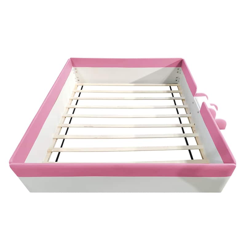 Queen Size Upholstered Daybed Frame with Fence and Stairs,(PINK+WHITE)