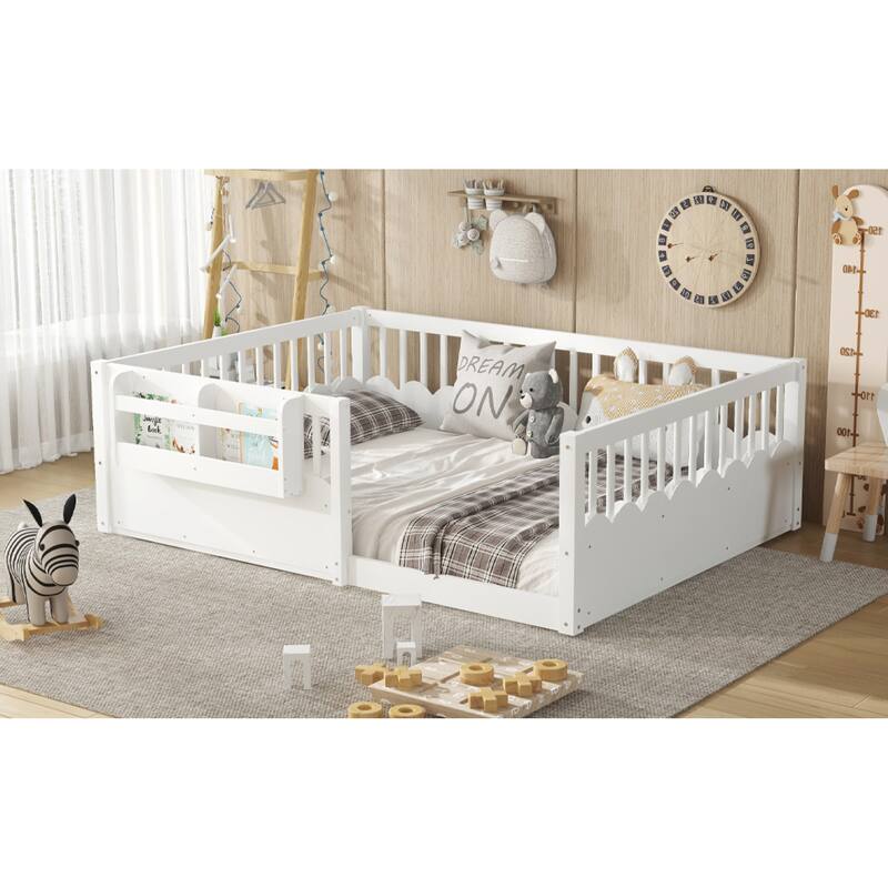 Roomfitters Floor Bed with Bookshelf and Heightened Fence, Solid Wood Frame with Guardrails