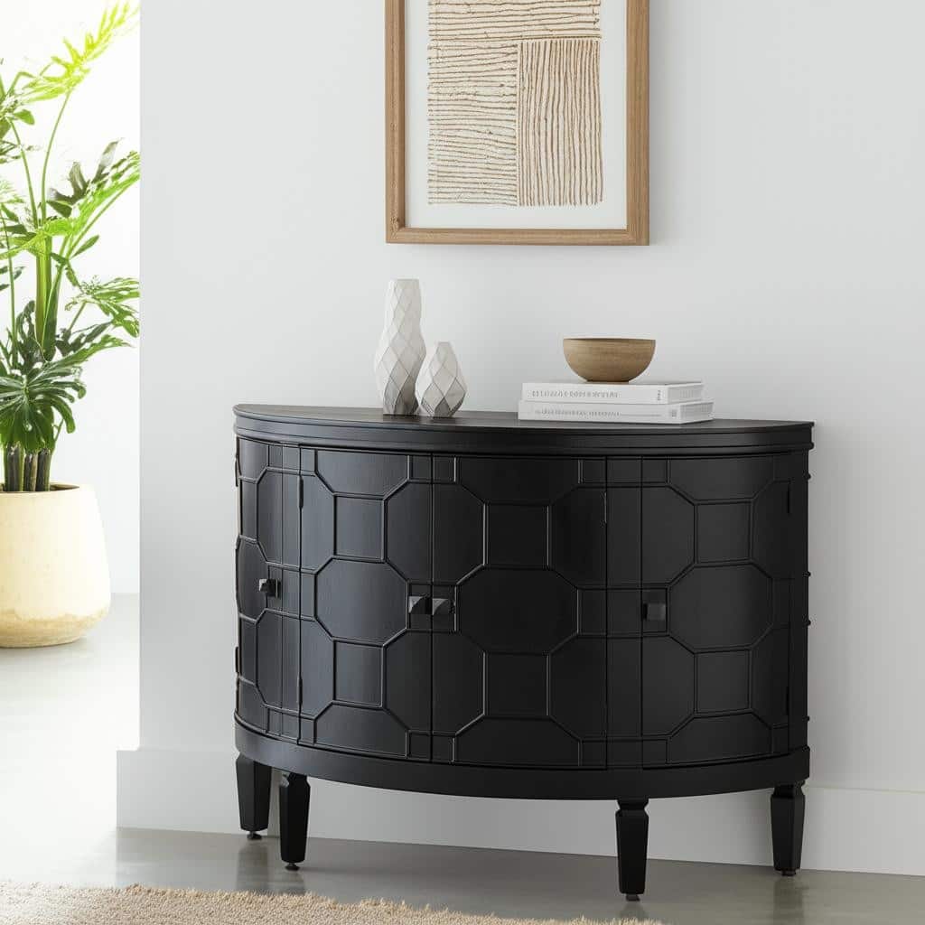 HomeRoots 39" Black Wood Demilune Carved Geometric Accent Cabinet With Four Doors