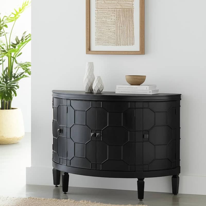 HomeRoots 39" Black Wood Demilune Carved Geometric Accent Cabinet With Four Doors - Black