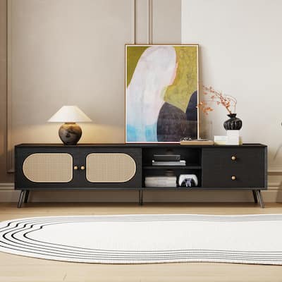 70" Mid-Century Modern TV Stand – Supports TVs Up to 80 Inches, Features Rattan Doors, 2 Drawers & Open Shelf for Living Rooms‌