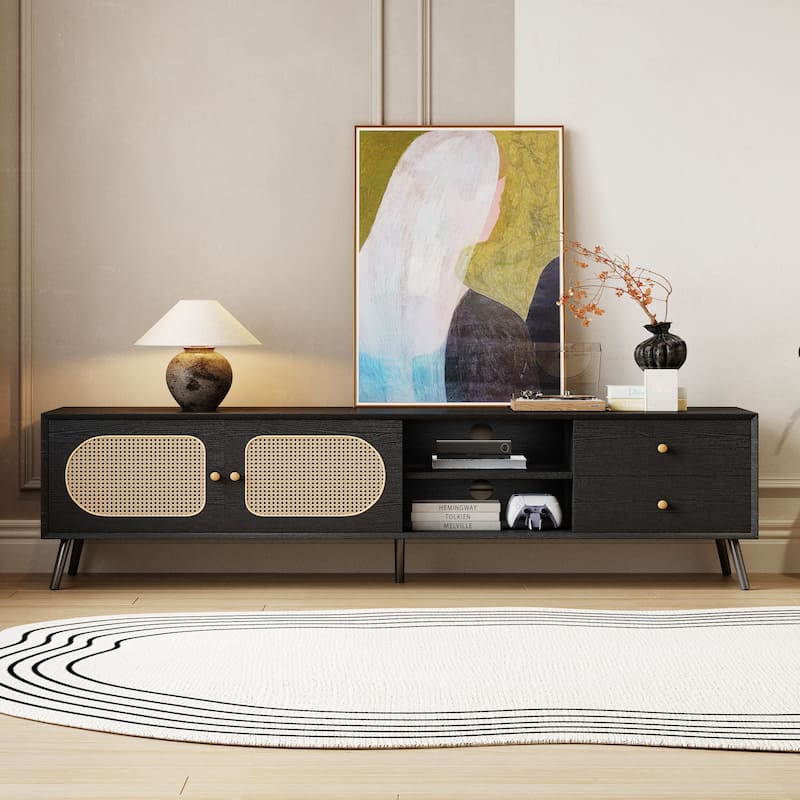 70" TV Stand up to 80 Inches,Mid Century Modern Entertainment Center with Rattan Doors,2 Drawers,and Open Shelf,Television Stand