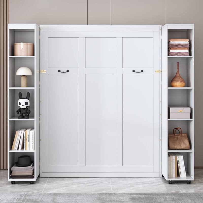Queen Murphy Bed with Storage Bookcase, Space Saving Queen Foldable Wood Wall Bedframe for Guest Room, Home Office, Bedroom