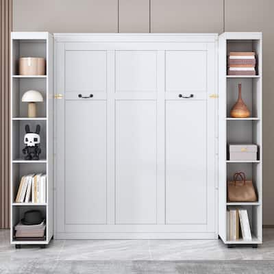 Queen Size Murphy Bed with Cabinets, Storage Wall Bed with Movable Bookcase, Wood Folding Bed Frame