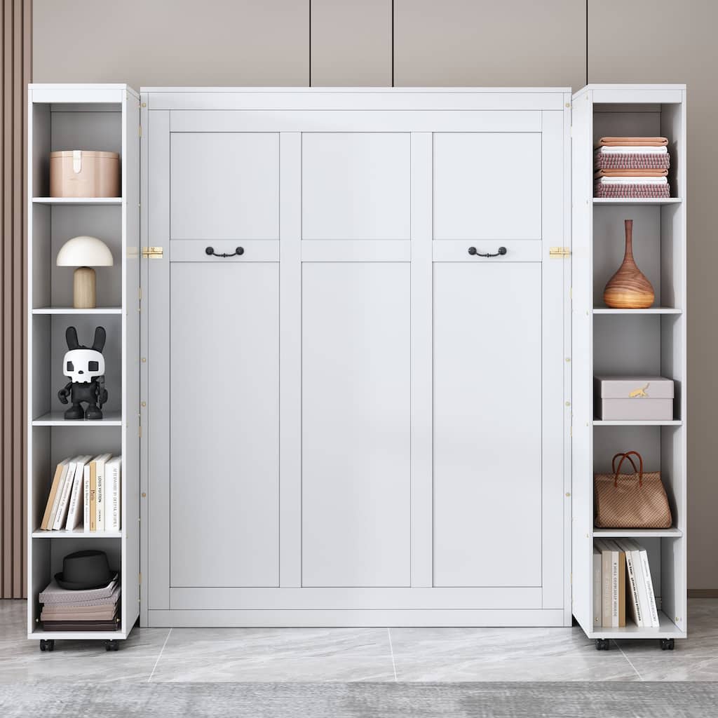 Queen Size Murphy Bed with Cabinets, Storage Wall Bed with Movable Bookcase, Wood Folding Bed Frame