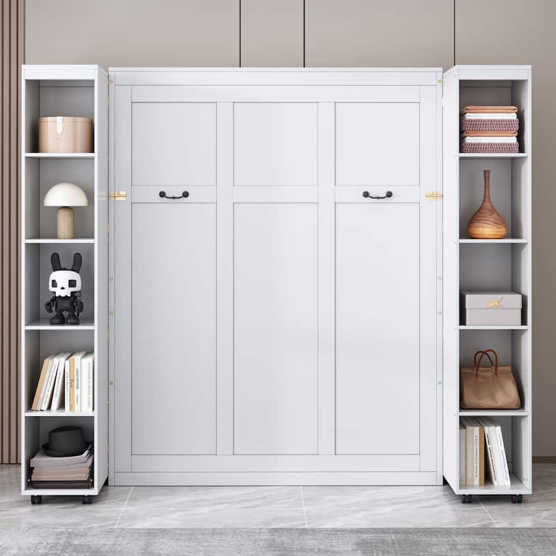White Queen Murphy Bed with Storage Doors, Space-Saving Wall Bed - White