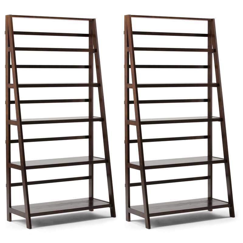 Simpli Home Acadian 36 inch Solid Wood 5 Shelf Ladder Bookcase in Brunette Brown (Set of 2) - 36"W x 16"D x 72"H
