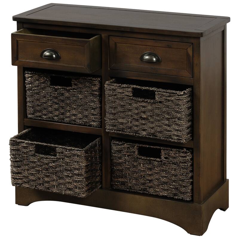Rustic Storage Cabinet with Two Drawers and Four Classic Rattan Basket for Dining Room/Entryway/Living Room