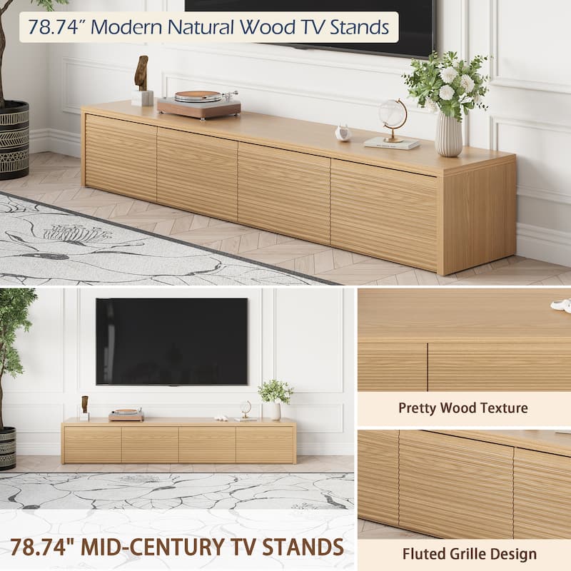 78.74" Modern TV Stands, Natural Wood Texture, Media Console with 4 Drawers