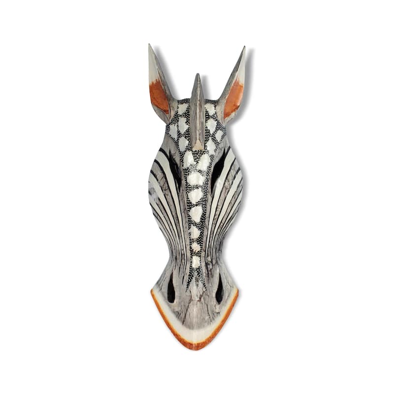 Wooden Tribal African Giraffe Mask Hand Carved Wall Plaque Hanging Decor Sculpture Decoration Handmade Handcrafted Pearl Motif - 20" tall x 6" wide x 2.5" deep