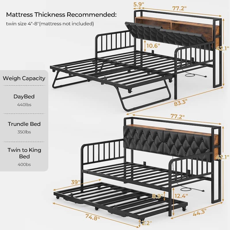 Daybed with Trundle Charging Station LED Lights Storage Headboard