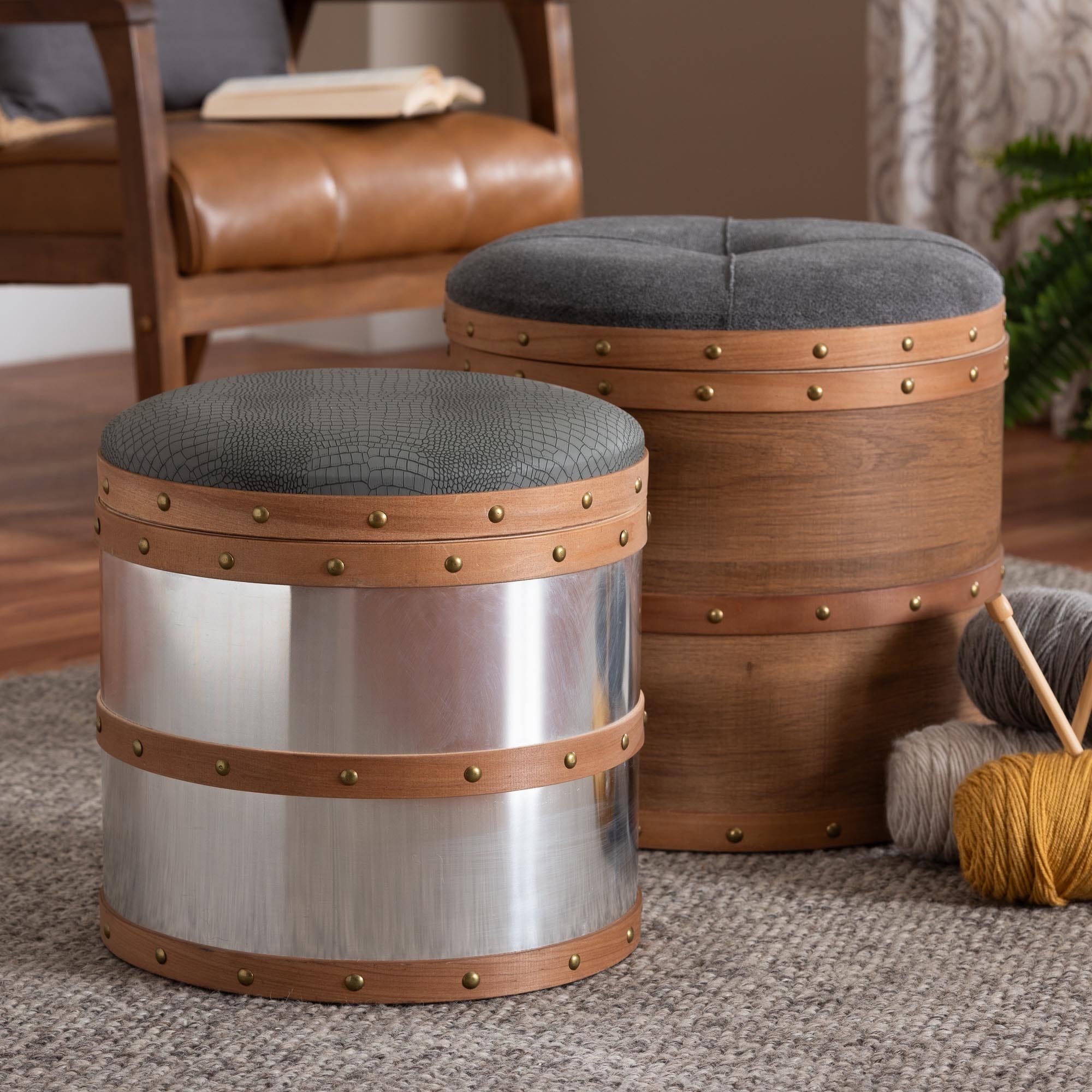 Caleb Modern Grey Fabric and Alligator Faux Leather 2-Piece Storage Ottoman Set