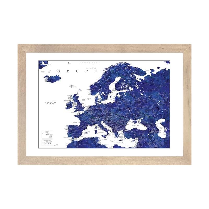 iCanvas "Detailed Europe Map In Navy Blue" by blursbyai - Natural - 16x24x1